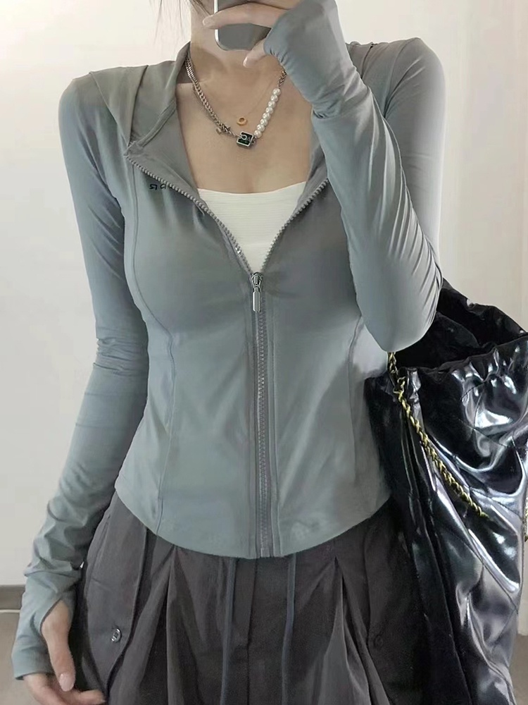 Summer Yoga Clothing - Gray Green Ice Silk Hooded UV